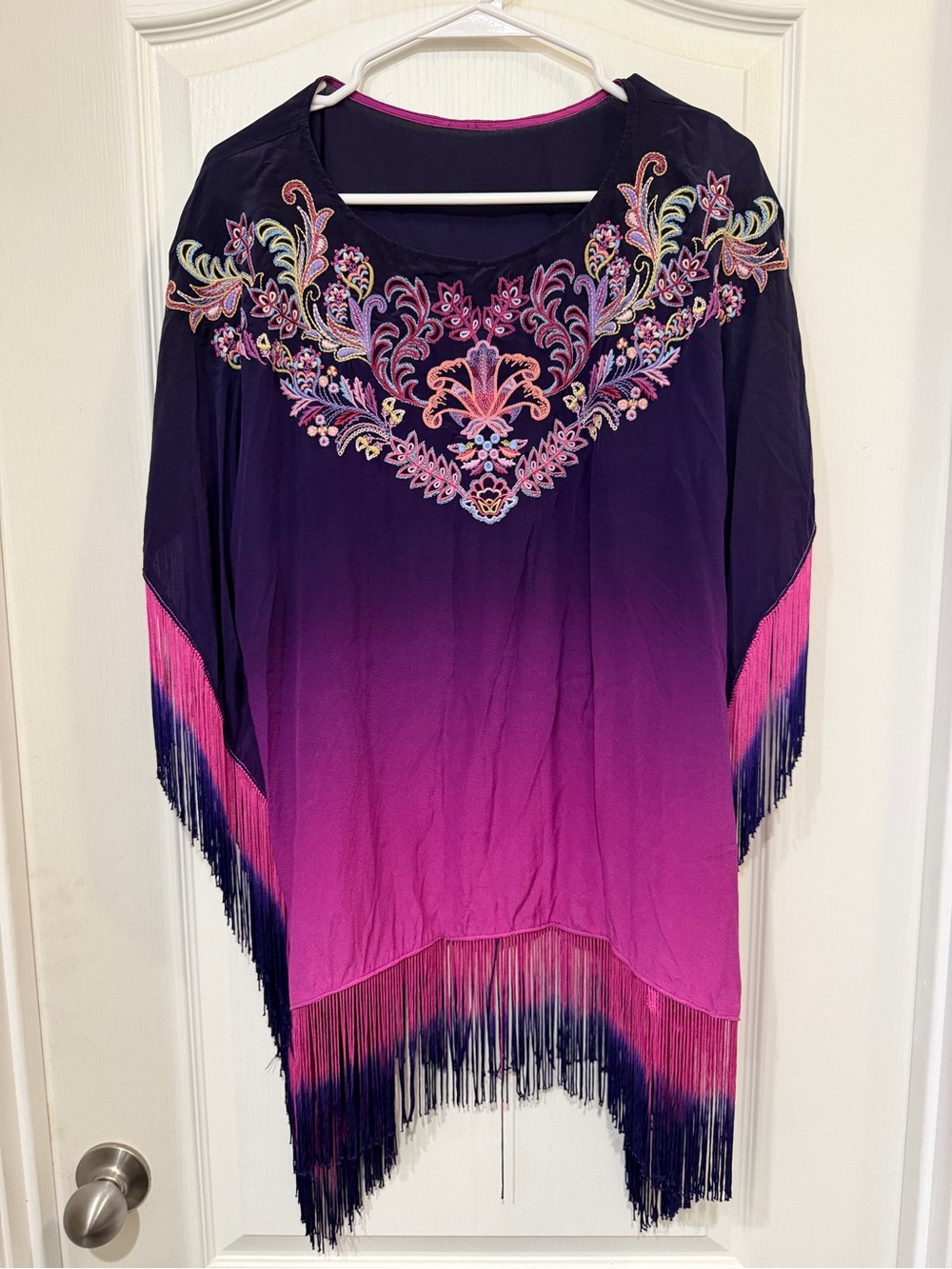 Johnny Was Alani Ombré Poncho 100% Silk Embroidered Fringe Violet Indigo